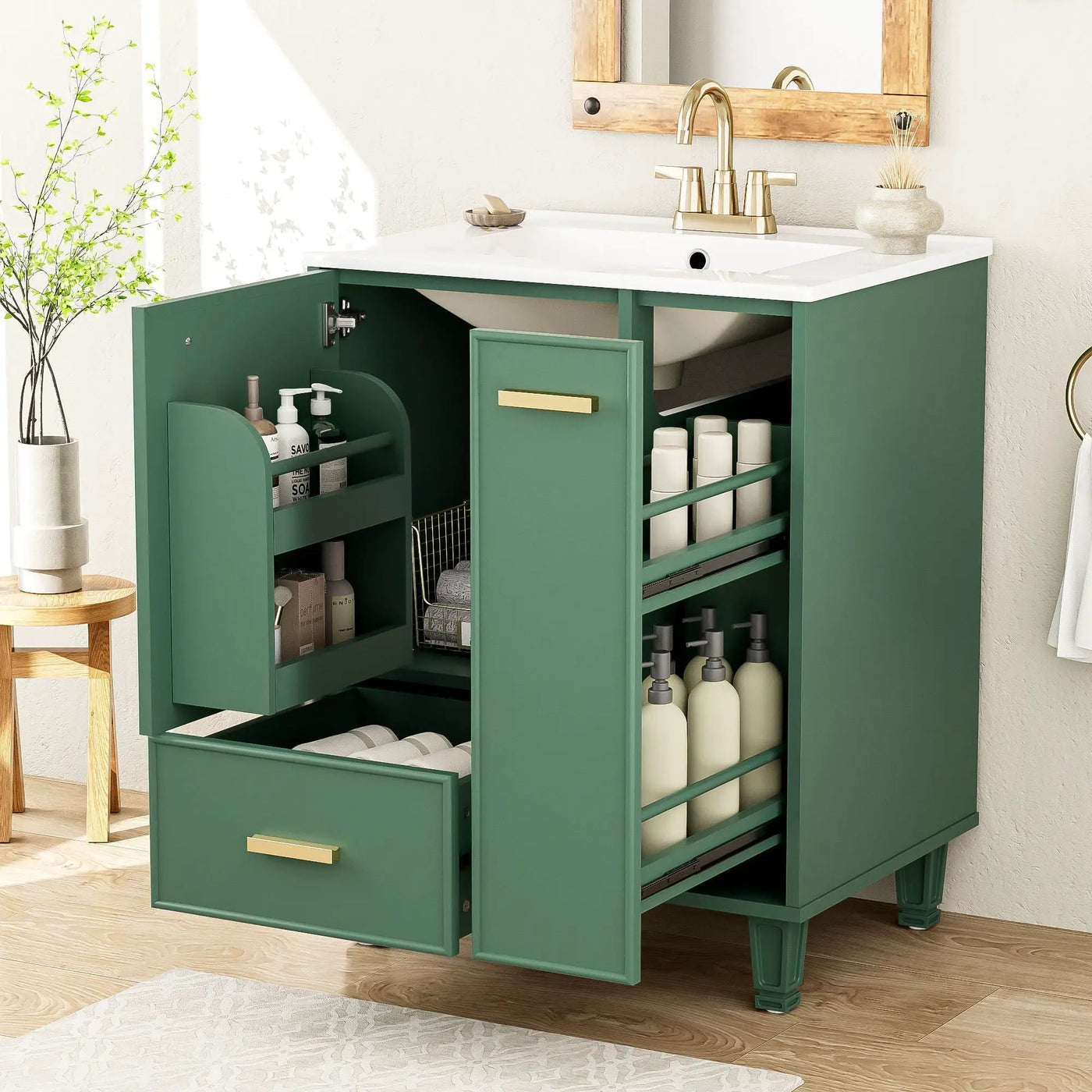 Bathroom Vanity With Sink, Deep Drawer, Door Shelf, 2 Tier Basket by HouseOfZazla