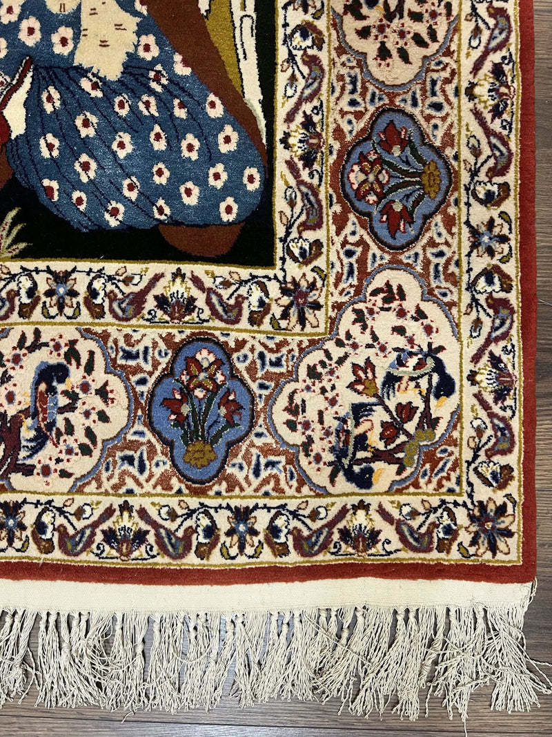 Persian Pictorial Rug 5 x 4 ft, Persian Isfahan Rug, Kork Wool on Silk Foundation, Signature from Master Weaver, Drums and Musical Instruments, Birds, Detailed by Jewel Rugs