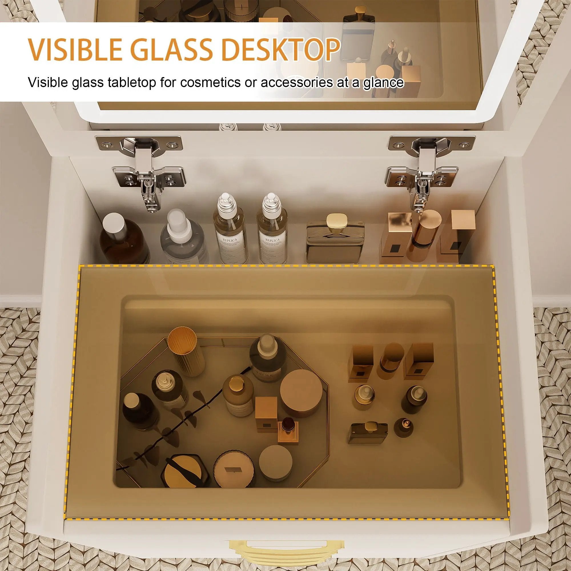 Compact 3 In 1 Vanity Desk With Open Top Mirror, Glass Desktop, 5 Height - White by HouseOfZazla