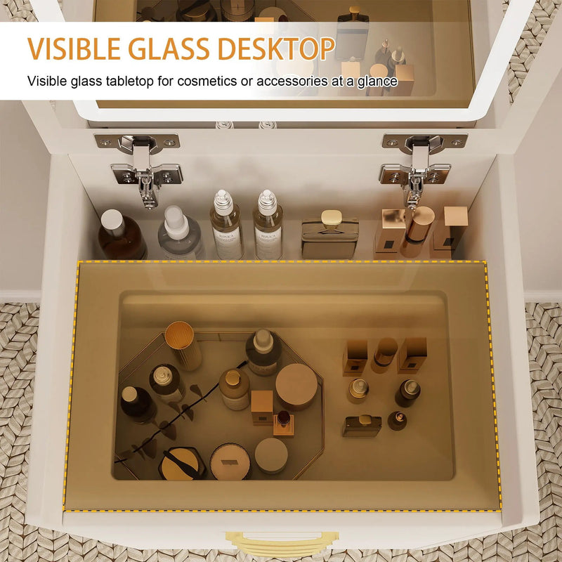 Compact 3 In 1 Vanity Desk With Open Top Mirror, Glass Desktop, 5 Height - White by HouseOfZazla
