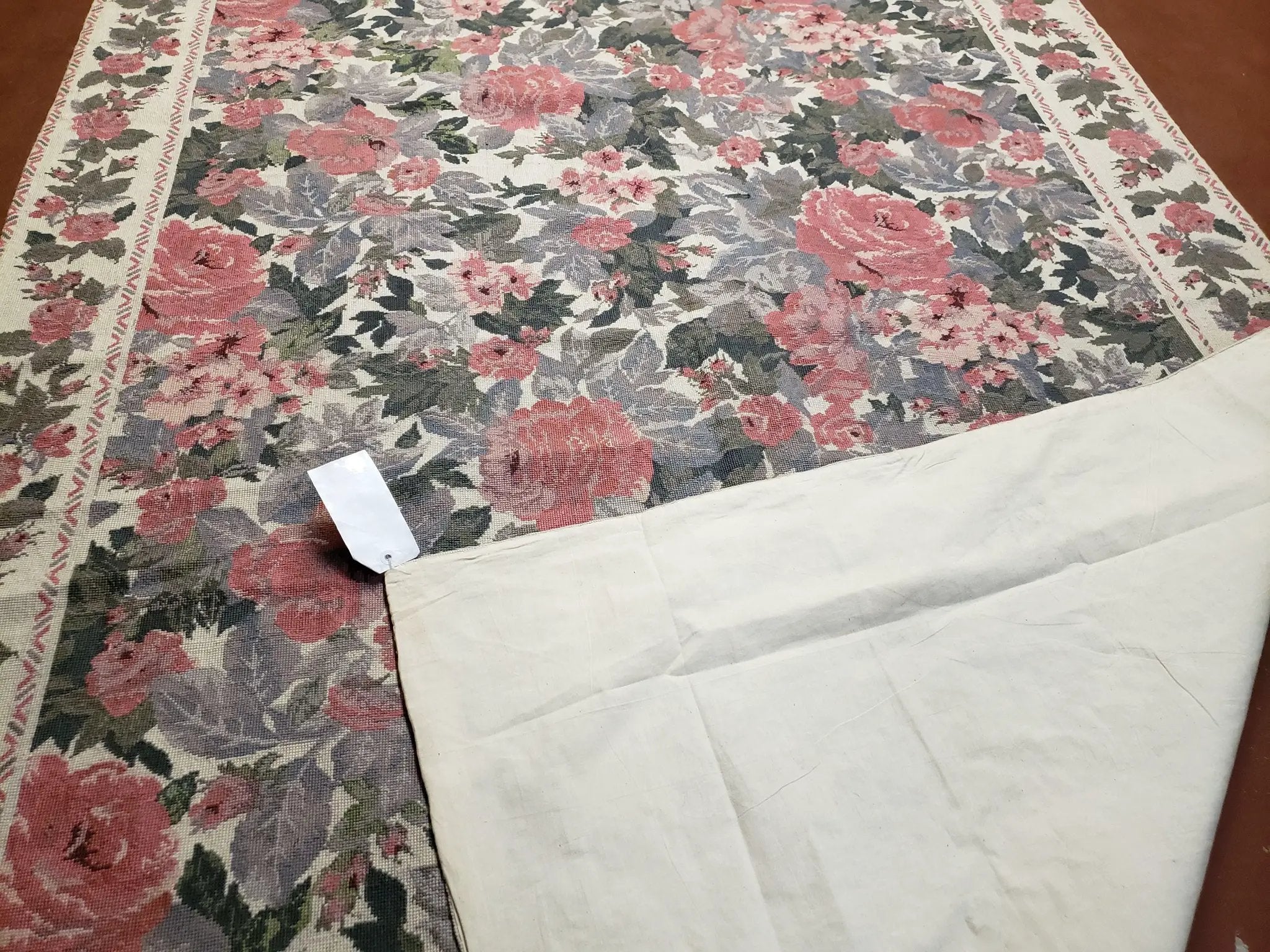 5x8 Needlepoint Rug 5' 4" x 8' 3" Wool Flat Weave Floral New Unused Carpet English Design Ivory Large Pink Flowers Green Leaves Hand-Knotted by Jewel Rugs