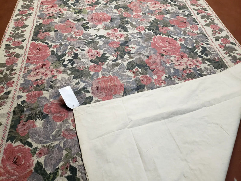 5x8 Needlepoint Rug 5' 4" x 8' 3" Wool Flat Weave Floral New Unused Carpet English Design Ivory Large Pink Flowers Green Leaves Hand-Knotted by Jewel Rugs