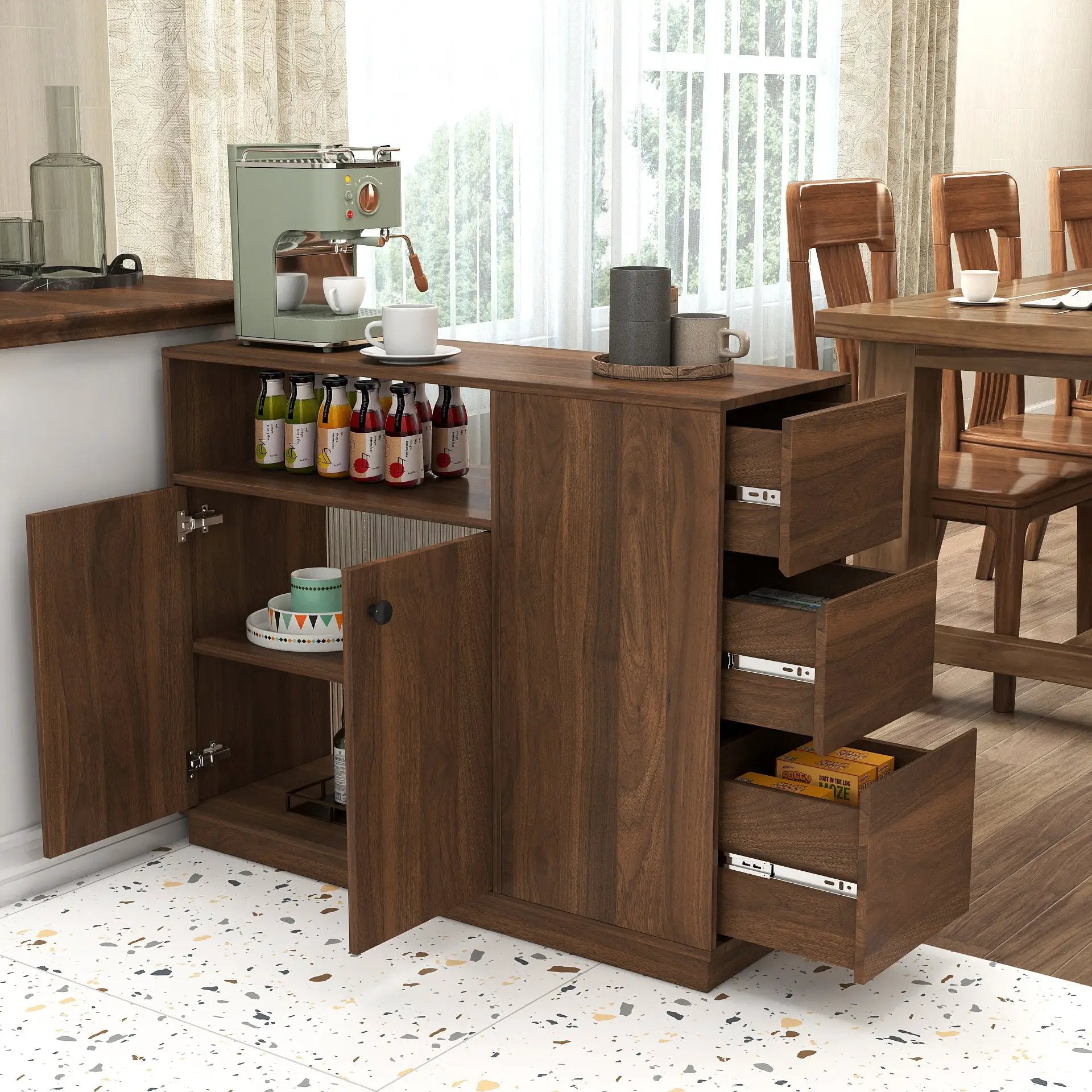 Kitchen Sideboard, Small Countertop Organizer with Sliding Glass Doors and Drawers by HouseOfZazla