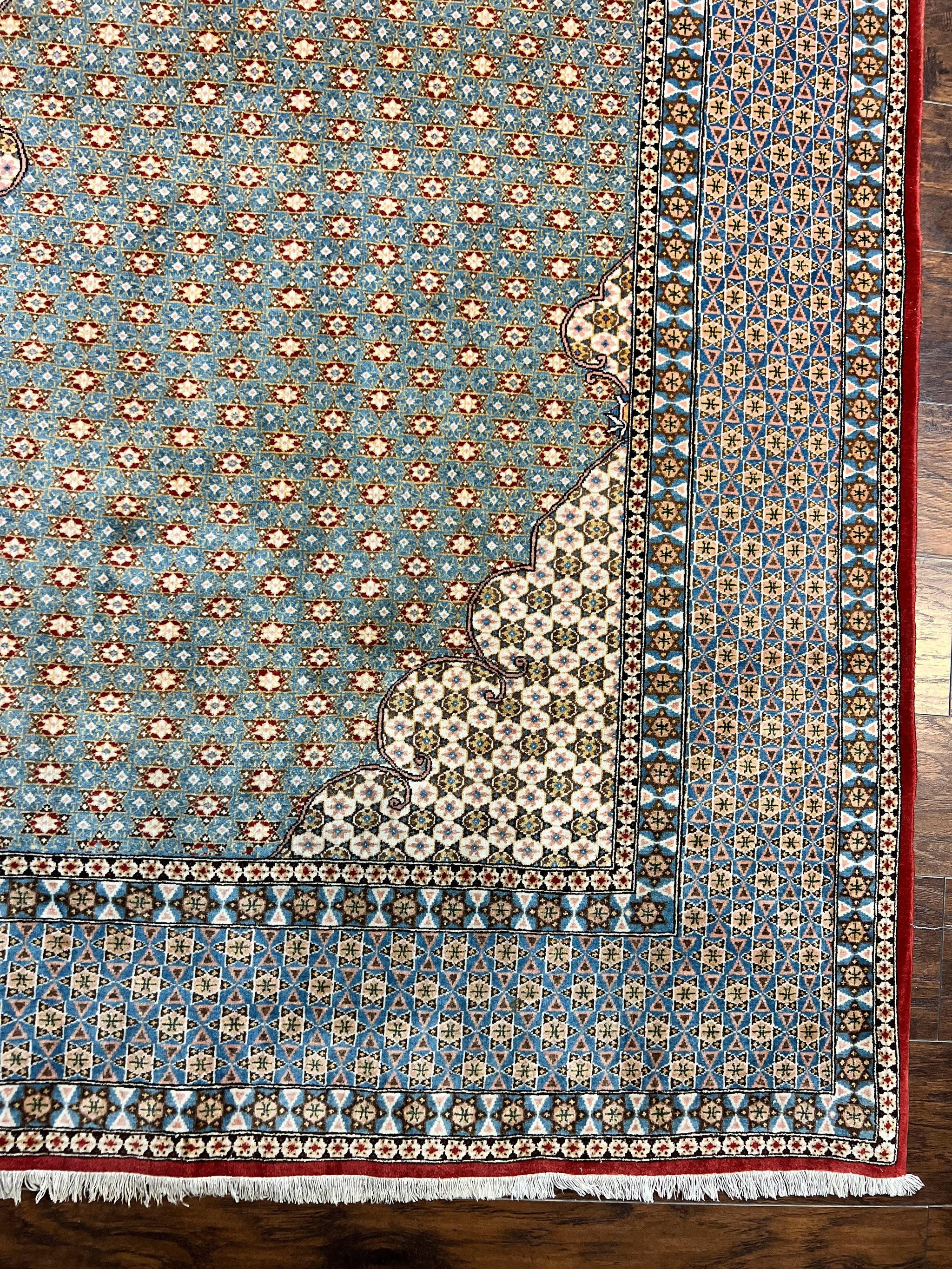 Rare Persian Rug 8x12, Qum Rug, Repeated Star Motifs, Blue and Ivory, Fine 300 KPSI, Hand Knotted Handmade Vintage Wool Rug by Jewel Rugs