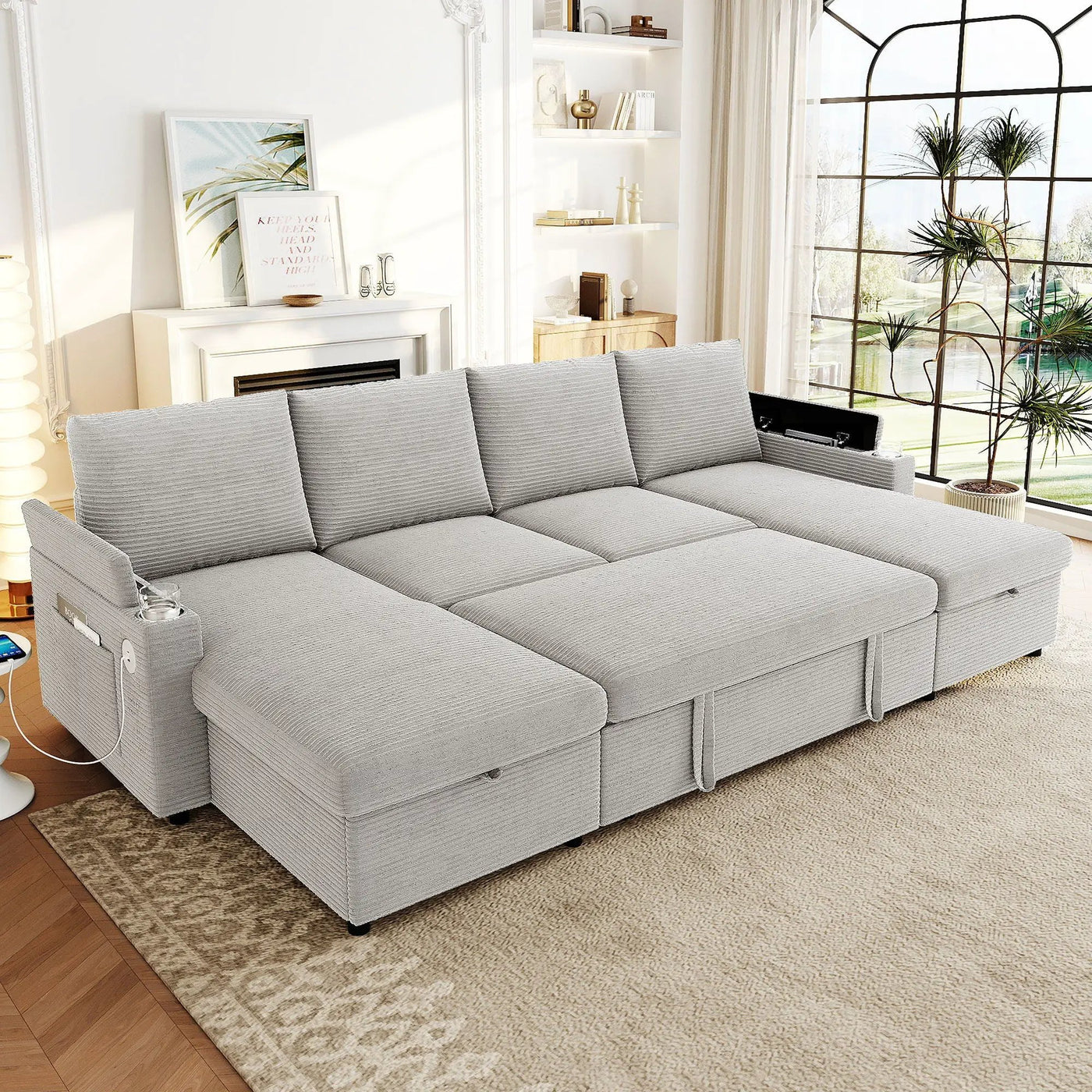 U Shaped Sectional Sofa Bed With Storage Chaise Lounges, USB Ports, And Cup Holders by Unique Piece Furniture