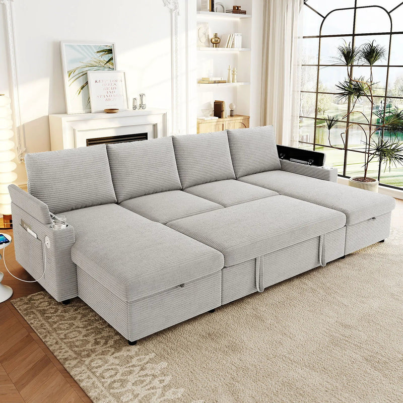 U Shaped Sectional Sofa Bed With Storage Chaise Lounges, USB Ports, And Cup Holders by Unique Piece Furniture