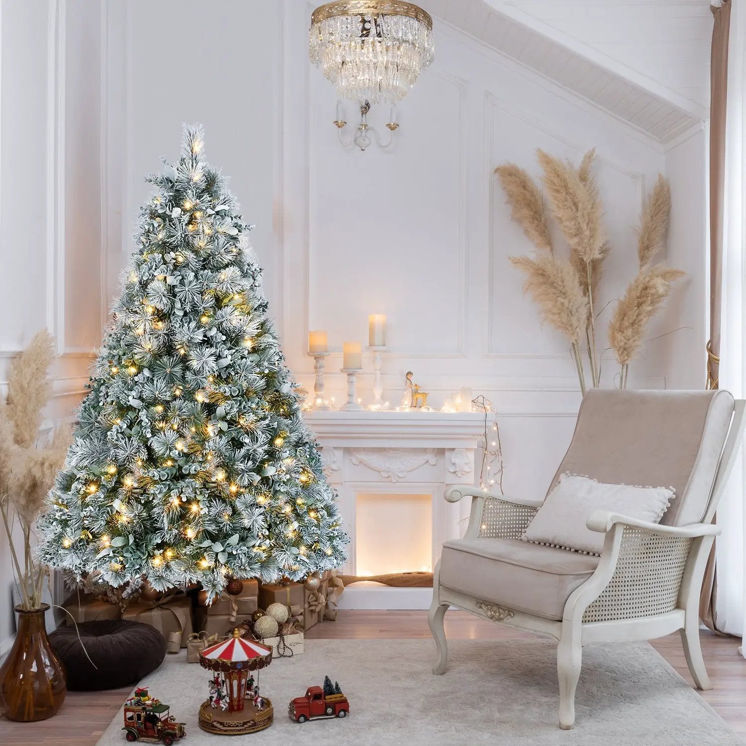 4FT Prelit Flocked Christmas Tree With Pine Needles & Eucalyptus Leaves by HouseOfZazla