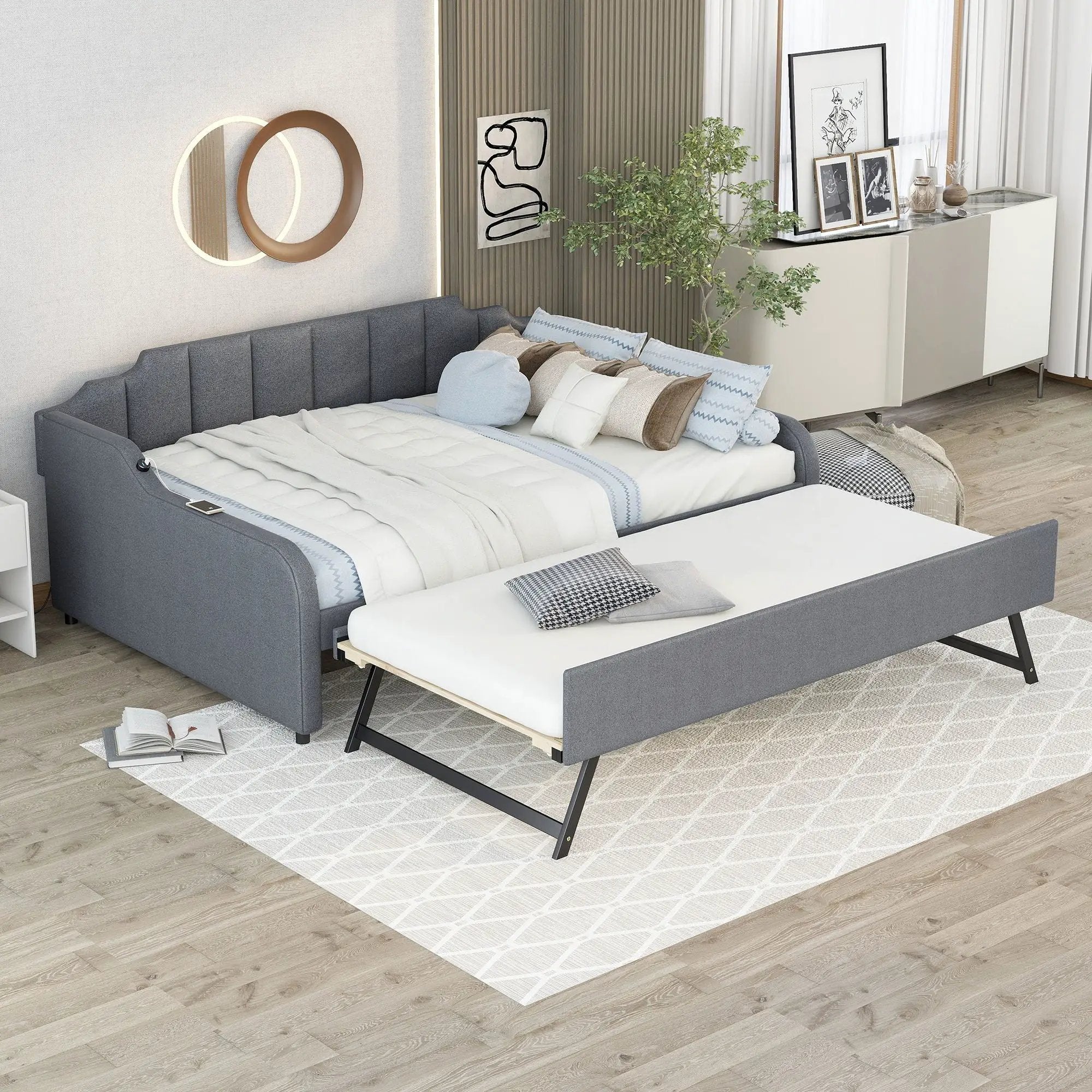 Full Size Upholstered Daybed With Trundle And USB Charging - Gray by Unique Piece Furniture