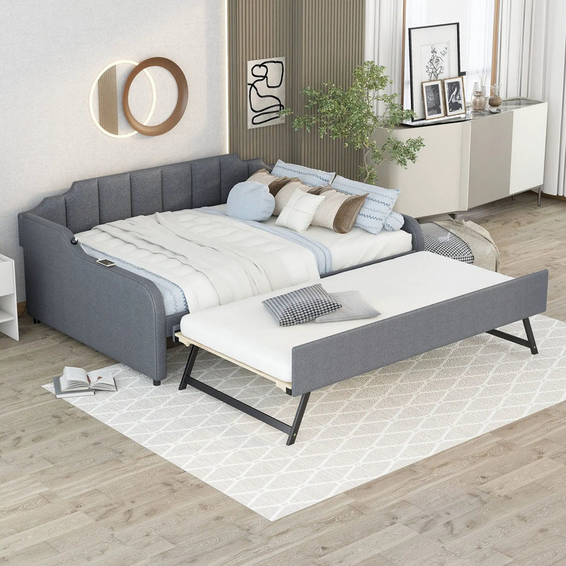 Full Size Upholstered Daybed With Trundle And USB Charging - Gray by Unique Piece Furniture