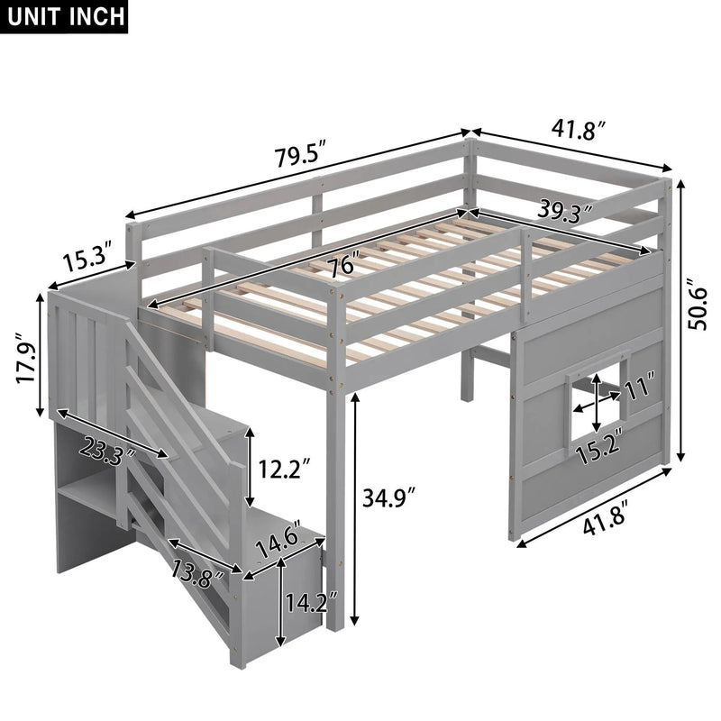 Loft Bed With Storage Staircase, Window & LED Light by Unique Piece Furniture