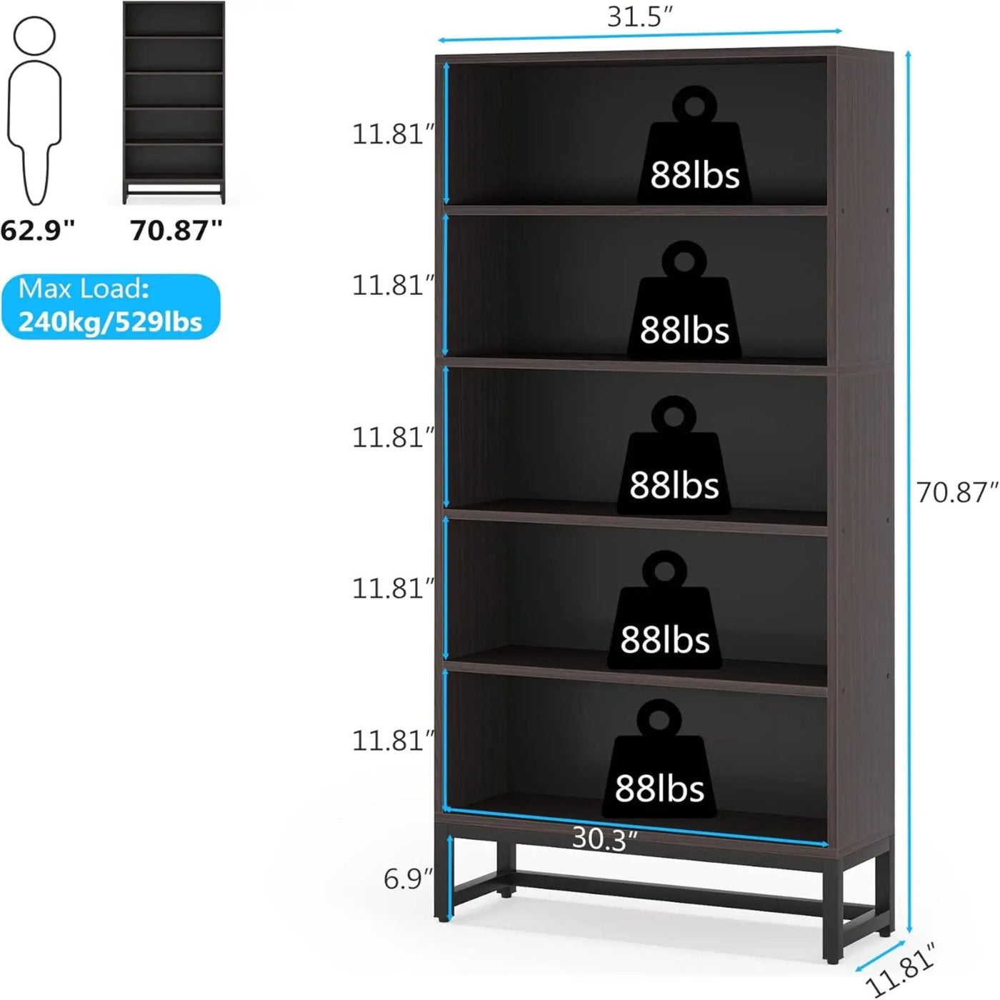 5 Tier Heavy Duty Bookshelf for Living Room by HouseOfZazla