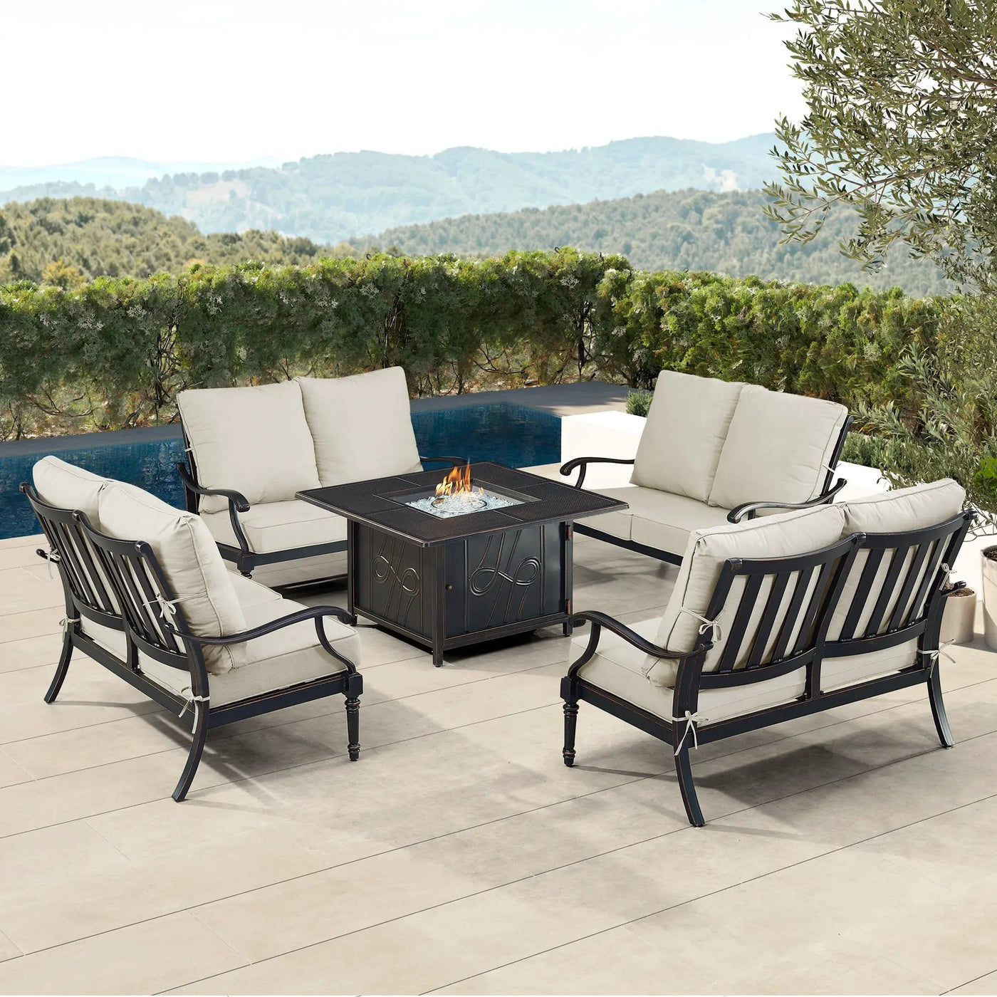 Black Aluminum Fire Table Set with Four Deep Seating Loveseats by Sharicks
