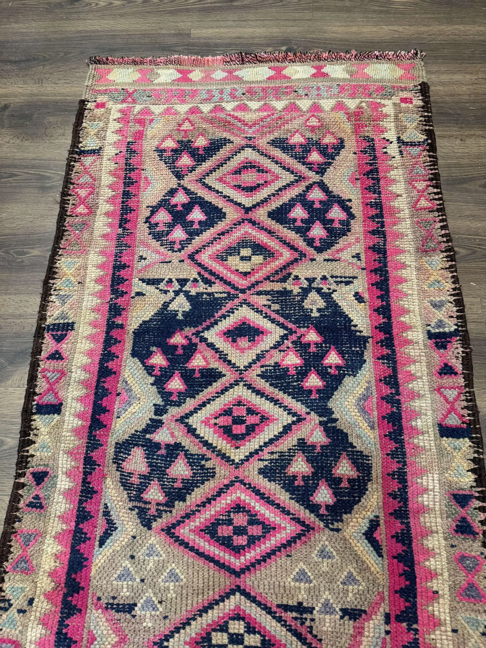 Turkish Runner Rug 3x10, Pink and Navy Blue, Bohemian Runner for Hallway or Kitchen, Vintage, Geometric, Tribal by Jewel Rugs