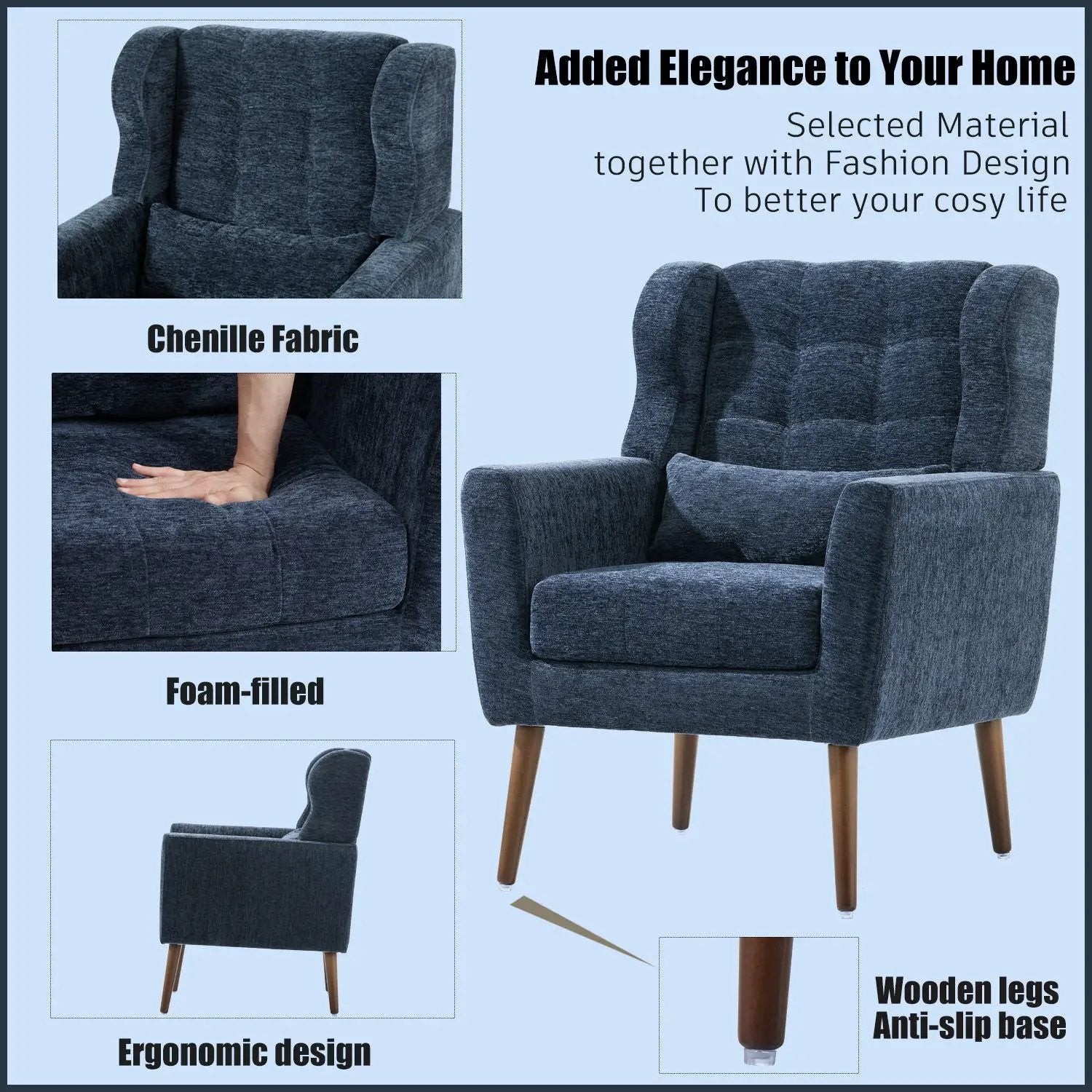 Modern Accent Chair, Arm Chairs For Living Room, Upholstered Mordern Armchair, Comfy Soft Padded Lounge Chair In Small Space, Bedroom, With Pillow, Solid Wood Leg by Unique Piece Furniture