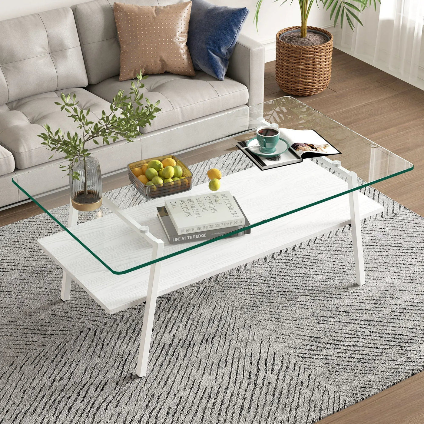 Rectangle Coffee Table, Tempered Glass Tabletop With Metal Legs, Modern Table For Living Room by HouseOfZazla
