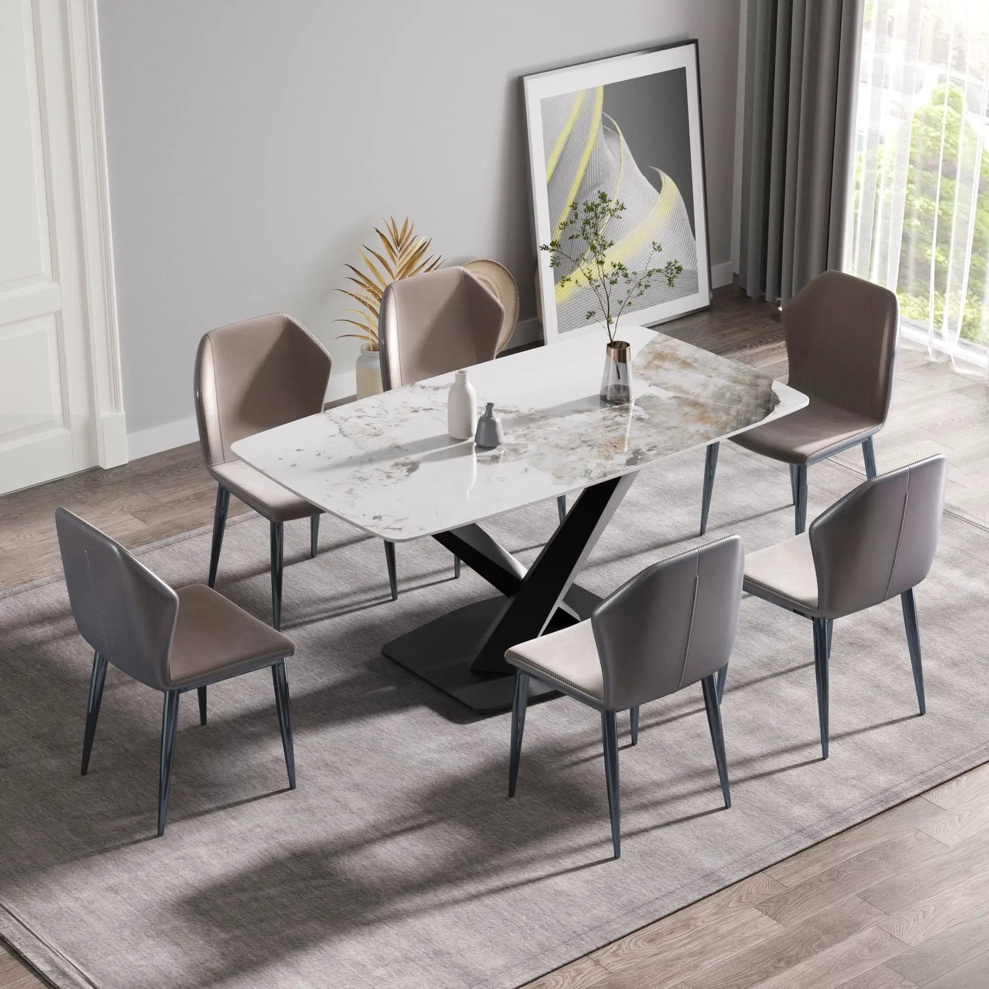 Modern Artificial Stone Pandora White Curved Metal Leg Dining Table, 6 People - Antique White by HouseOfZazla
