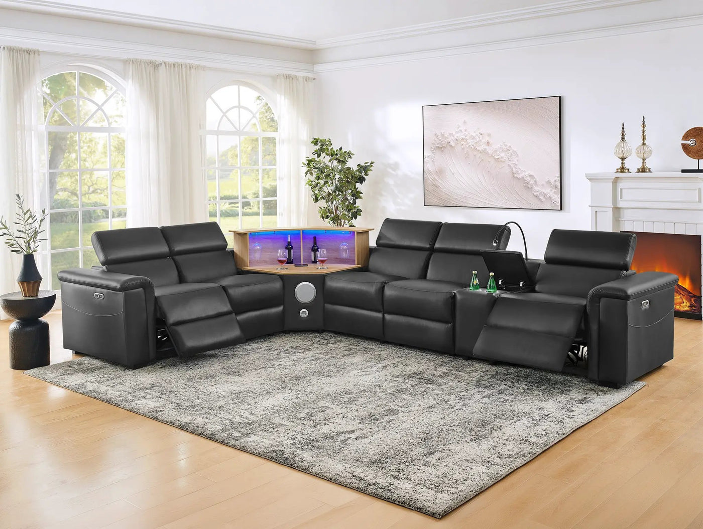 5-Seater Air Leather L-Shaped Powered Recliner Sofa Set with Motorized Lift Cabinet by HouseOfZazla