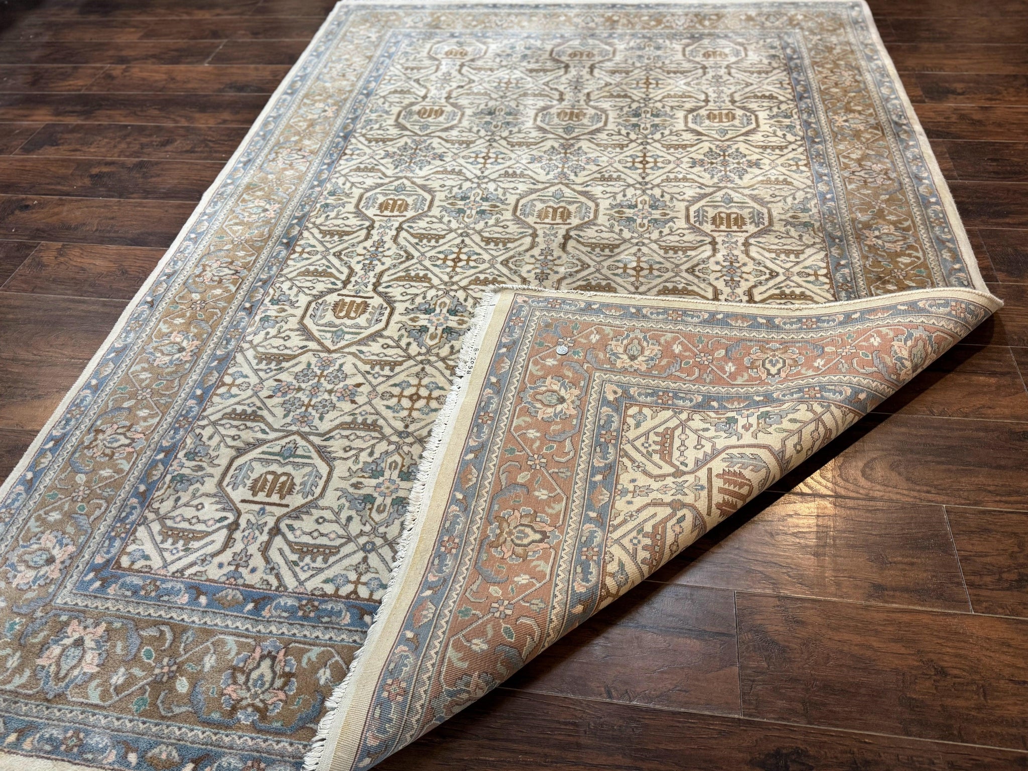 Indo Persian Rug 6x9, Beige, Allover Pattern, Vintage Wool Oriental Carpet by Jewel Rugs