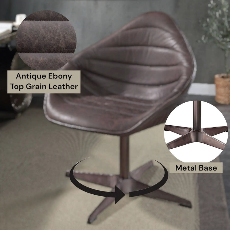 Pipino - Top Grain Leather Accent Chair With Swivel - Antique Ebony by HouseOfZazla