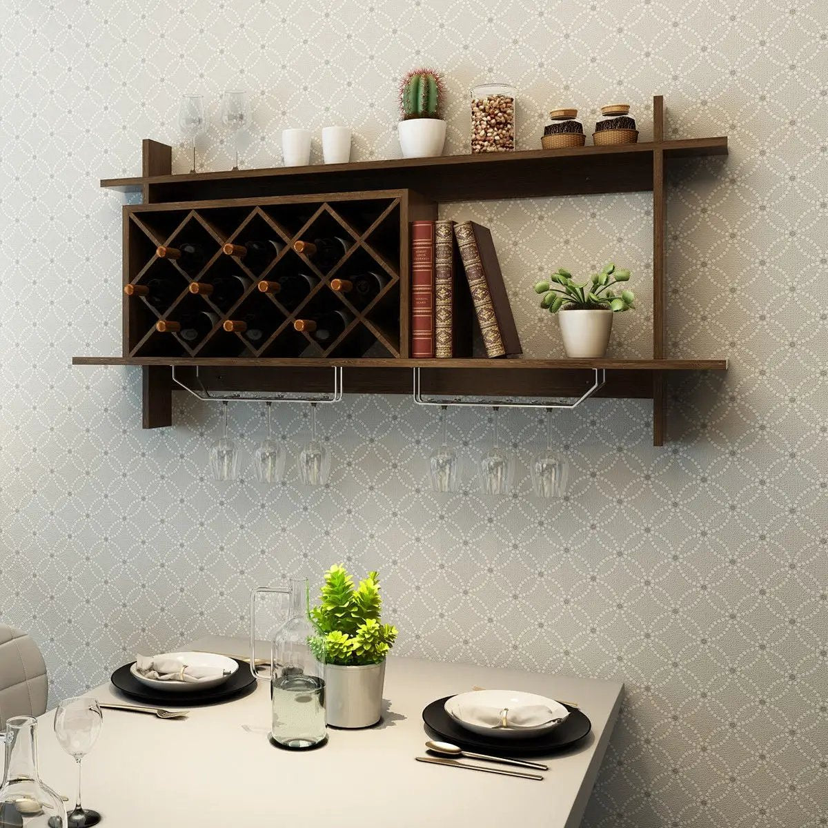 Wall Mount Wine Rack with Glass Holder & Storage Shelf-Walnut by DirectDeals