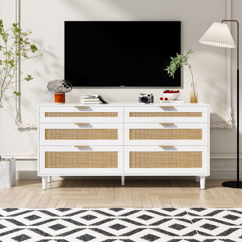 Rattan Dresser With 6 Drawers, Wooden Legs & Metal Handle