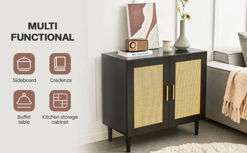 Side Panel Buffet Cabinet With Natural Rattan Door, Rattan Storage Cabinet With Adjustable Shelves, Side Panel And Buffet With Storage Space, Modern Console Cabinet In Bedroom And Living Room - Black / Beige by HouseOfZazla