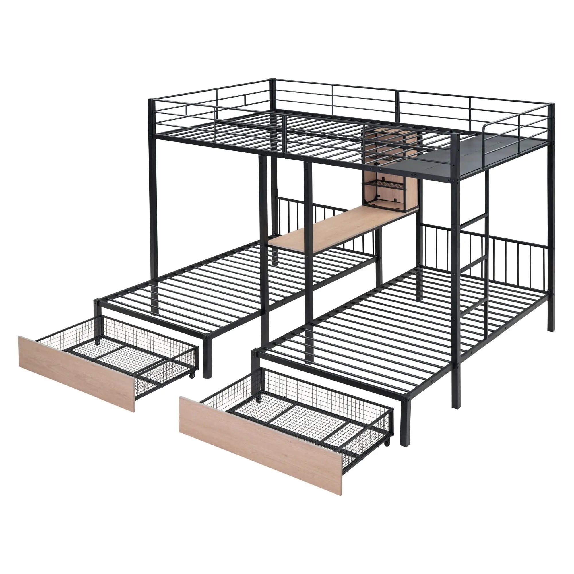Triple Bunk Bed With Drawers, Multi-Functional Frame With Desks And Shelves In The Middle by HouseOfZazla