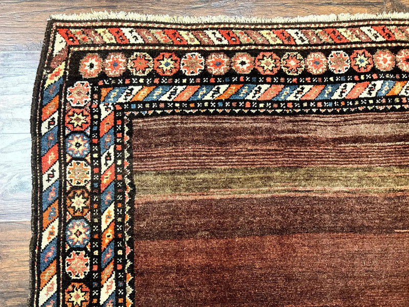 Antique Persian Rug 4x7, Sarab Tribal Wool Carpet, Brown and Multicolor, Handmade Wide Runner Rug 4 x 7, Open Field, Rainbow Border by Jewel Rugs