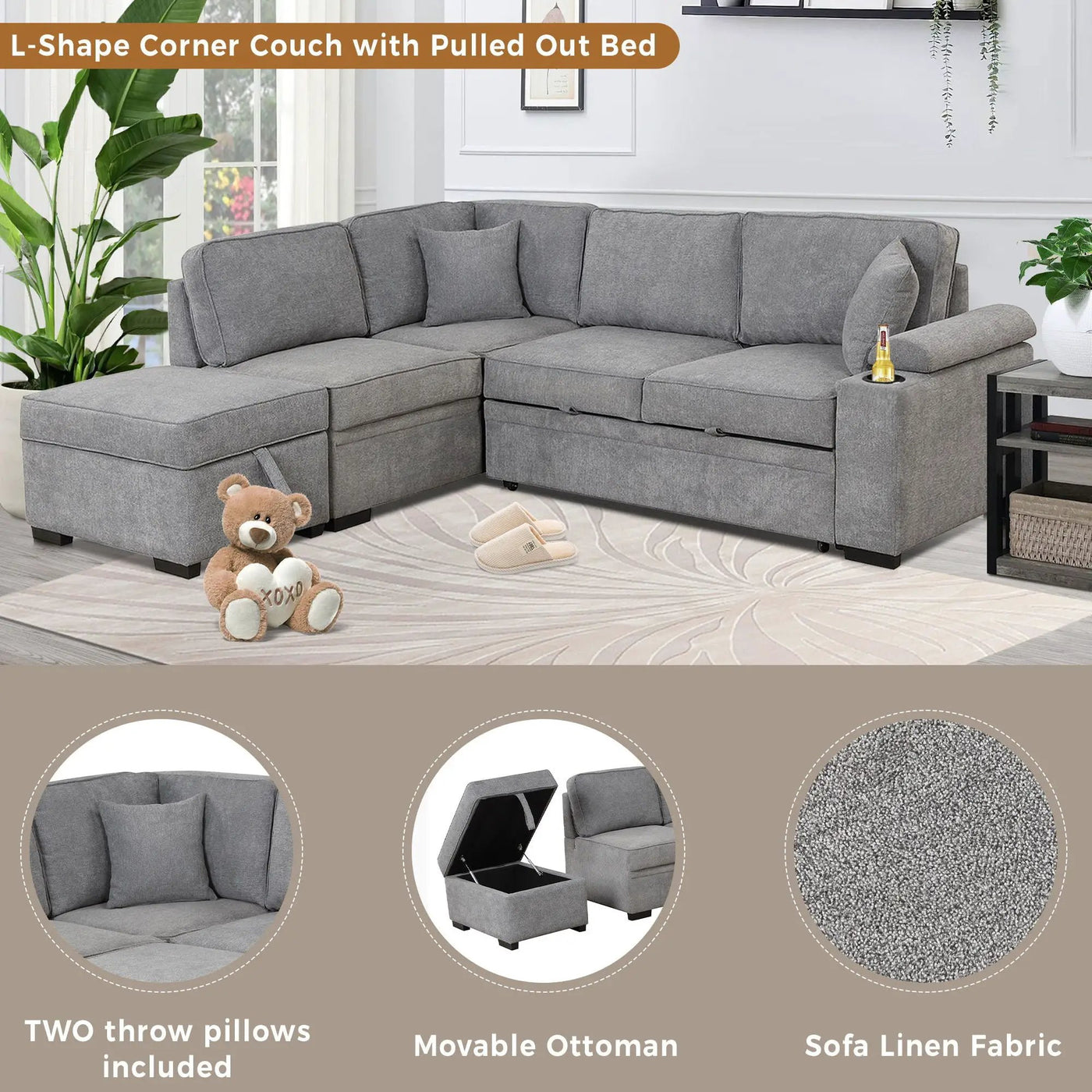 Sleeper Sofa Bed, 2 In 1 Pull Out Sofa Bed L Shape Couch With Storage Ottoman For Living Room, Bedroom Couch And Small Apartment by Unique Piece Furniture