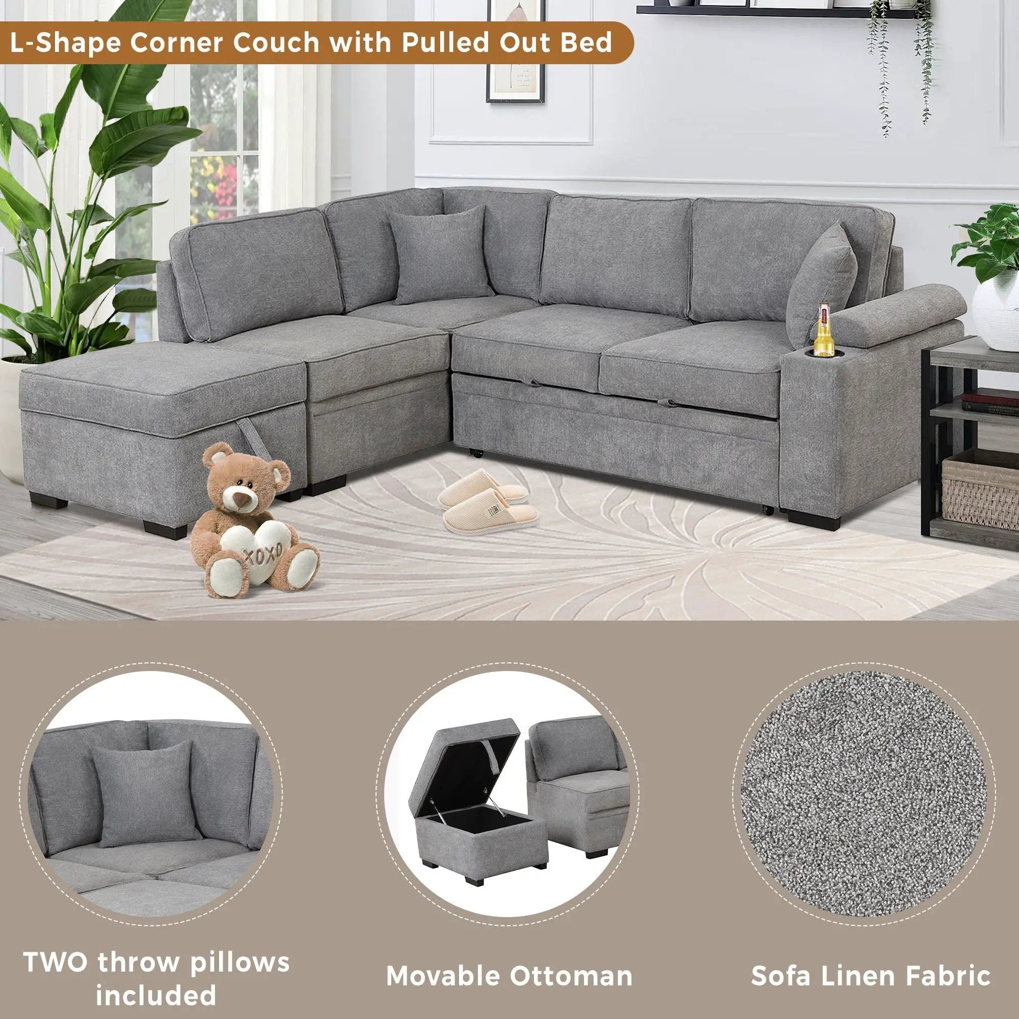 Sleeper Sofa Bed, 2 In 1 Pull Out Sofa Bed L Shape Couch With Storage Ottoman For Living Room, Bedroom Couch And Small Apartment by Unique Piece Furniture