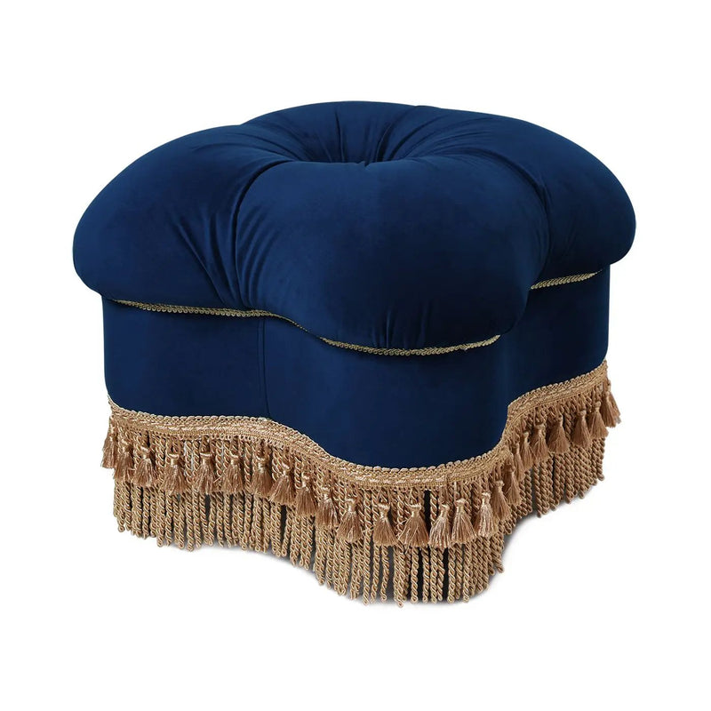 Ellen - Upholstered Clover Ottoman With Gold Bullion Fringe - Navy Blue by HouseOfZazla