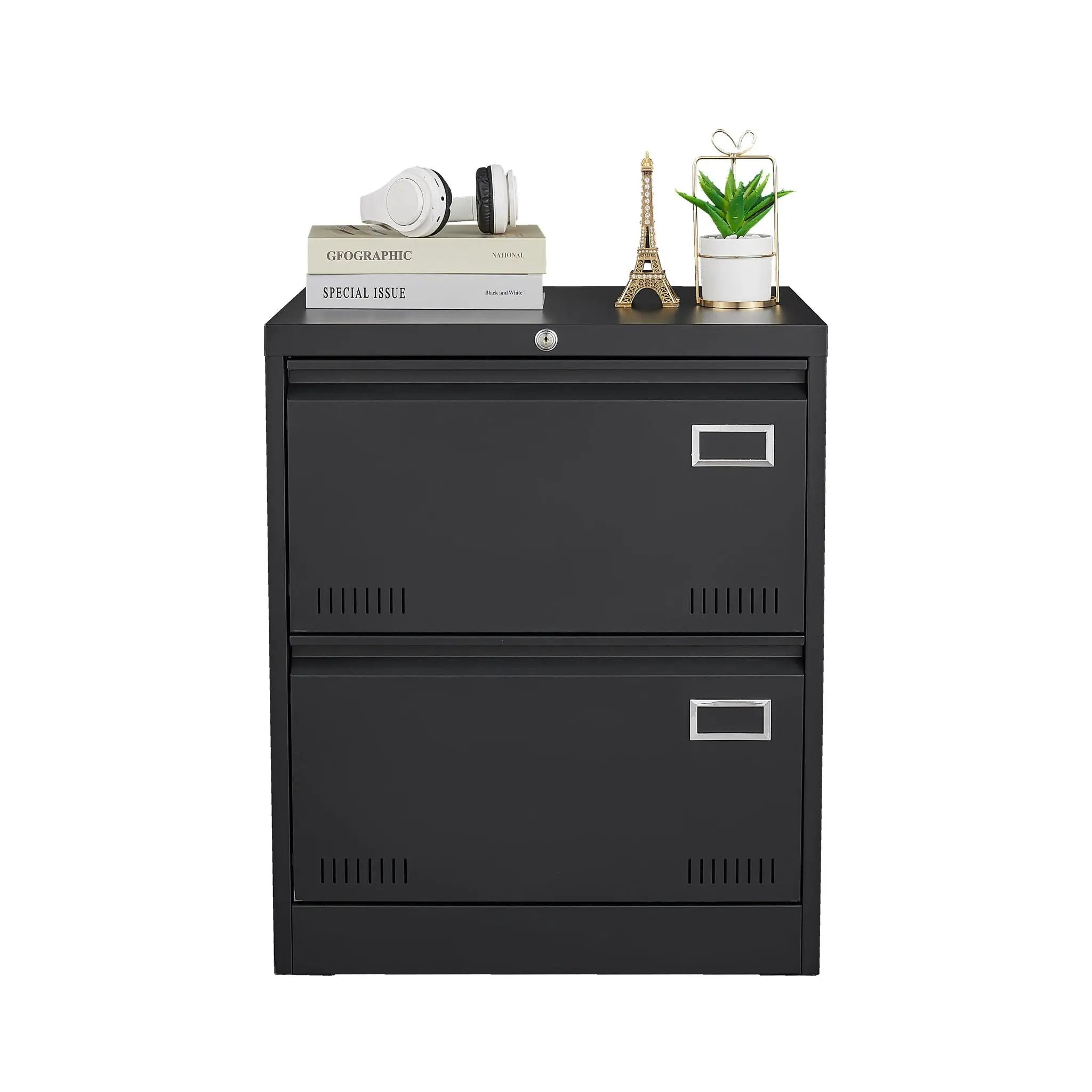 2 Drawer Metal Lateral File Cabinet With Lock, Office Vertical Files Cabinet For Home Office, Locking Metal File Cabinet - Black by Unique Piece Furniture