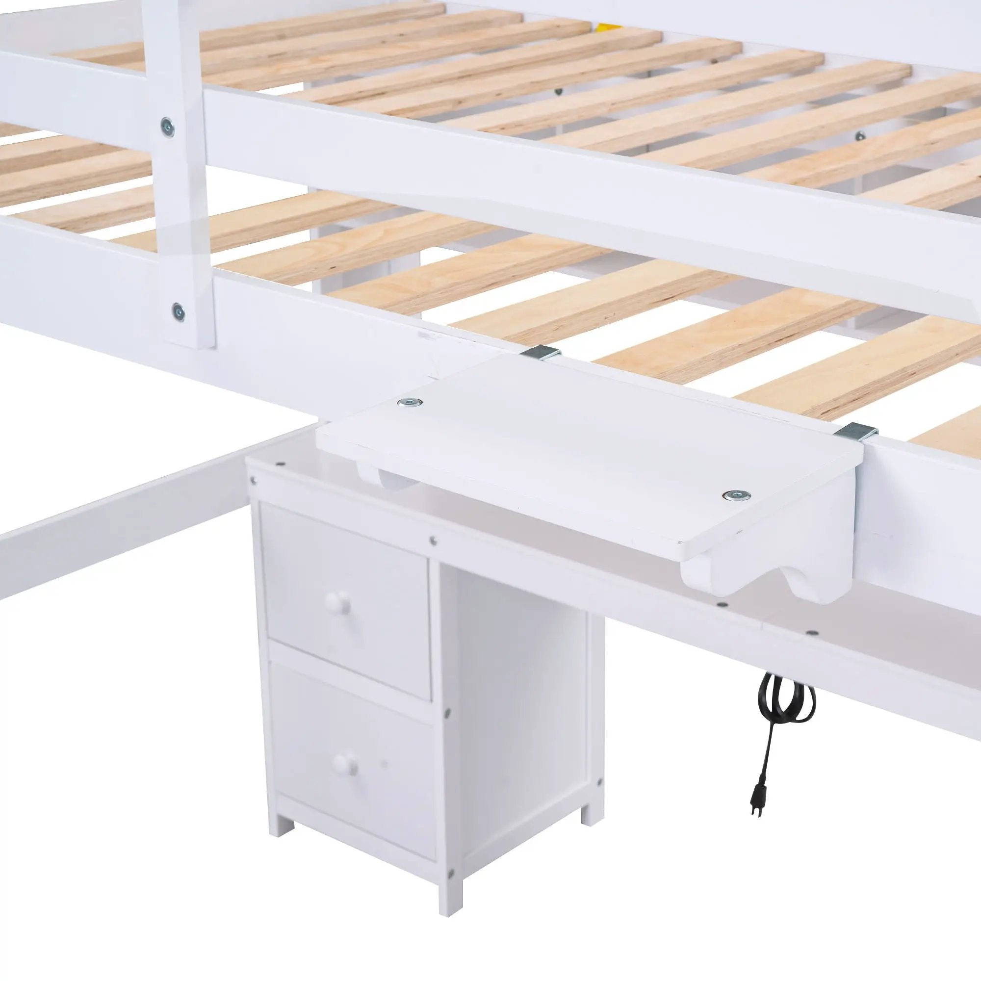 Full Size Loft Bed With Desk, Cabinets, Drawers, Charging Station And Bedside Tray, Sturdy Frame, No Box Spring Required - White by HouseOfZazla