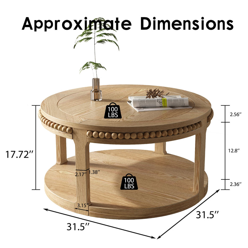 31.5 Inch Round Solid Wood Coffee Table & Sofa Table - Two-Tier Thickened Top, Sturdy Legs, Circle Table for Living Room (Natural Wood), photo 6 of 10