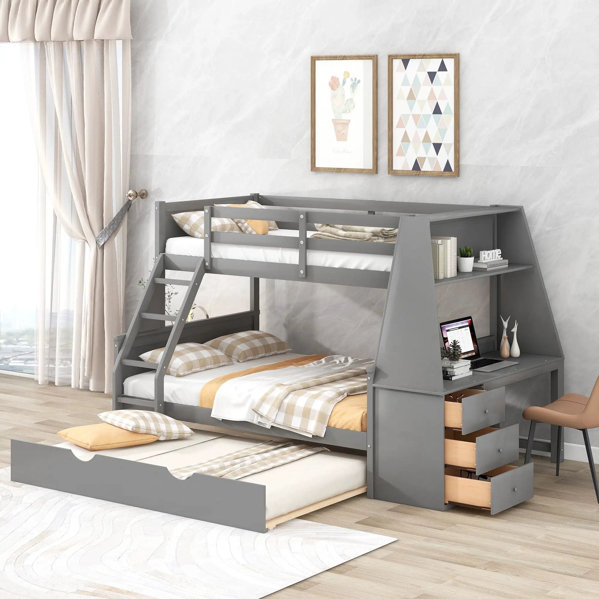 Bunk Bed With Trundle And Built In Desk, 3 Storage Drawers And Shelf by HouseOfZazla