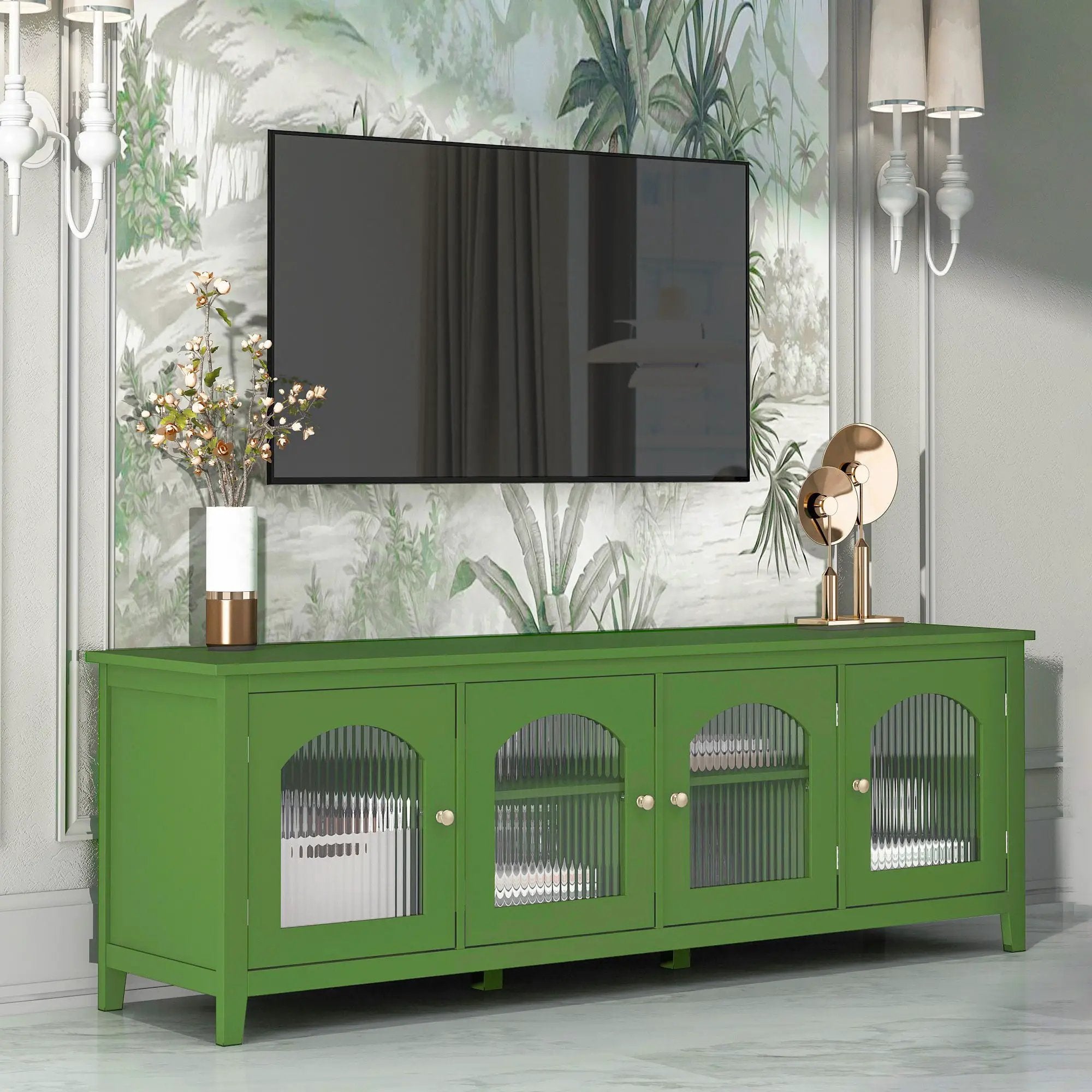 StylishTVcabinet Entertainment CenterTV Stand, TVconsoletable, Media Console, Solidwood Frame, Changhong Glass Door, Metal Handle by Unique Piece Furniture
