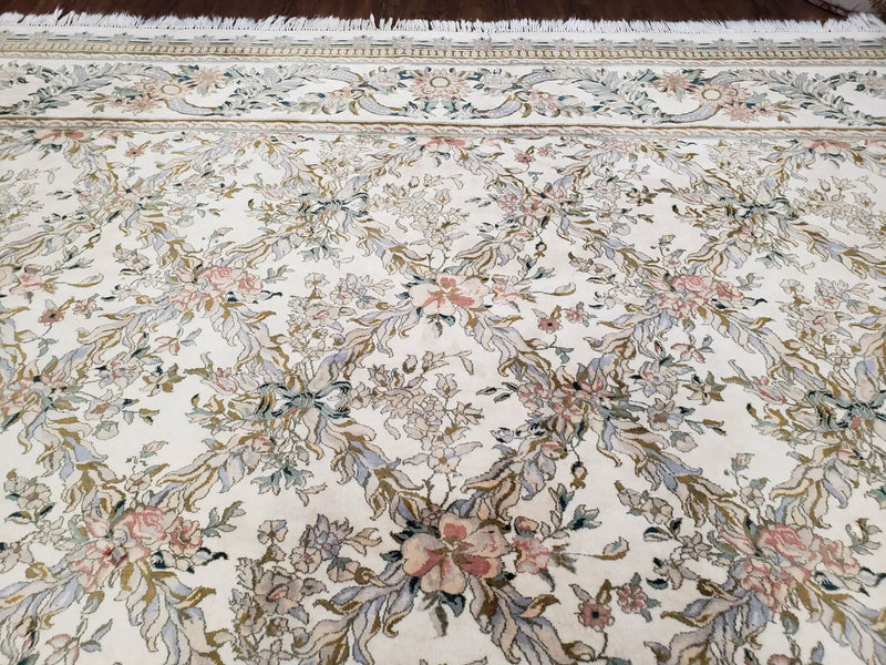 Pak Persian Floral Rug 11 x 12.6, Ivory, Very Fine, Hand Knotted by Jewel Rugs