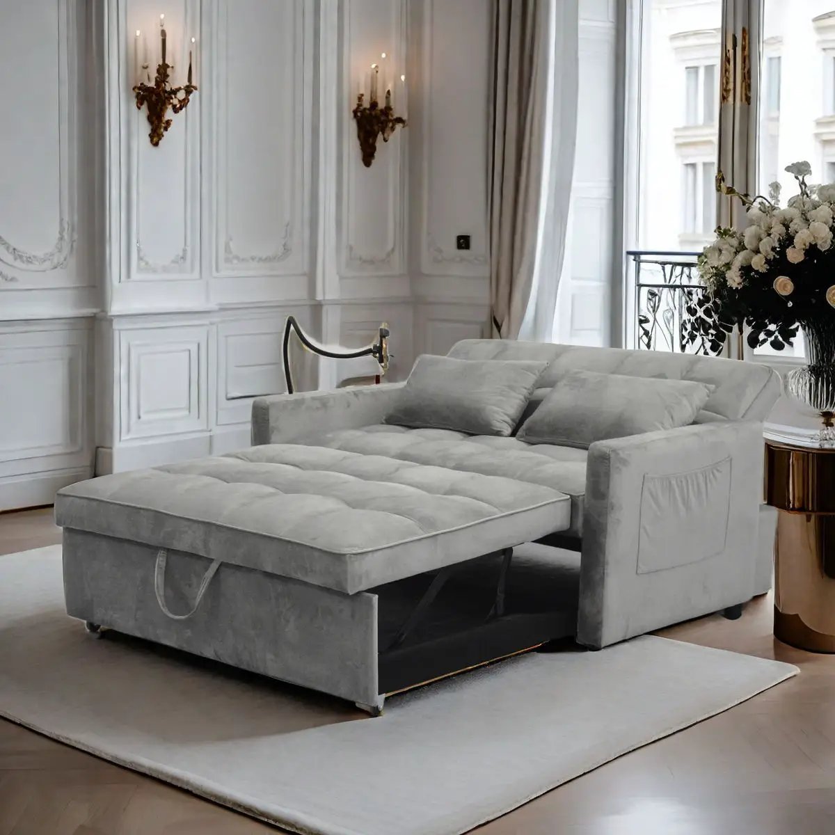3 In 1 Convertible Sleeper Sofa Bed, Modern Fabric Futon Sofa Couch Pullout Bed, Adjustable Backrest With Three USB Ports, Two Side Pockets, Two Cup Holders And Swivel Phone Holder by Unique Piece Furniture