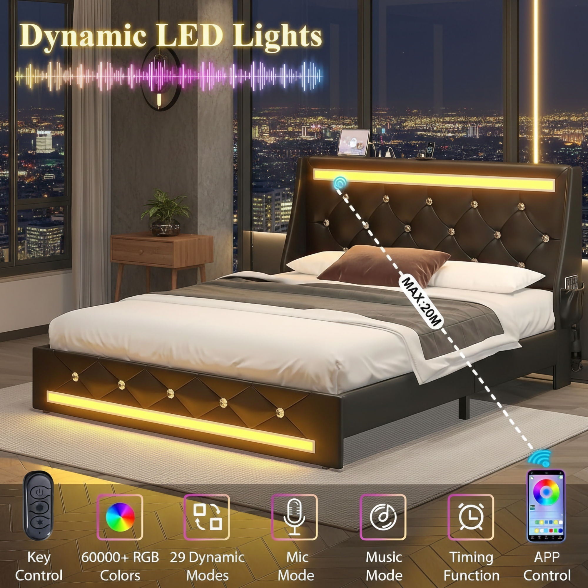 Wingback Upholstered Bed Frame With LED Lights, Charging Station by HouseOfZazla