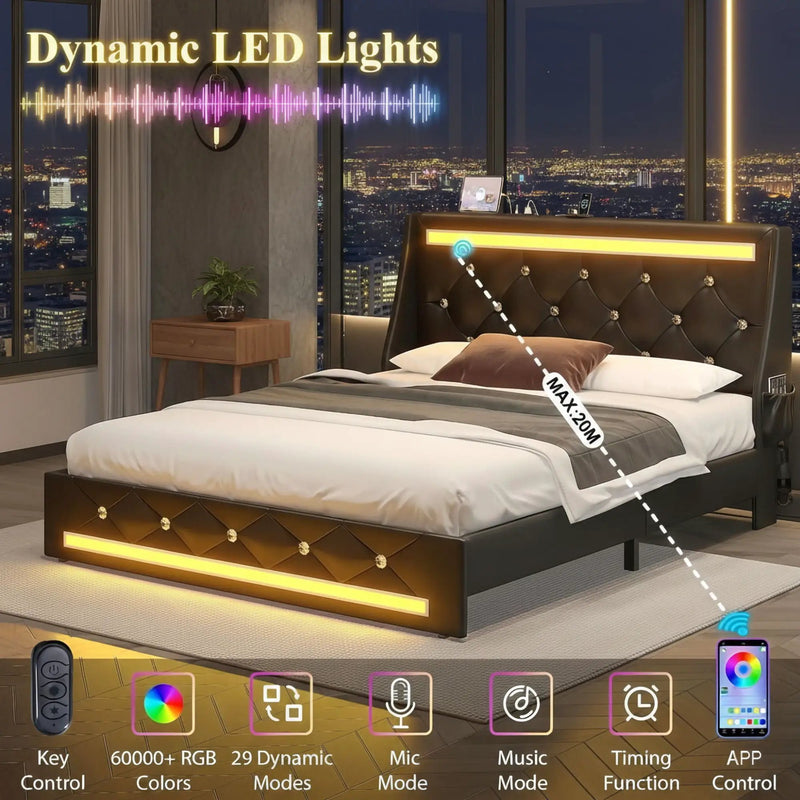 Wingback Upholstered Bed Frame With LED Lights, Charging Station by HouseOfZazla