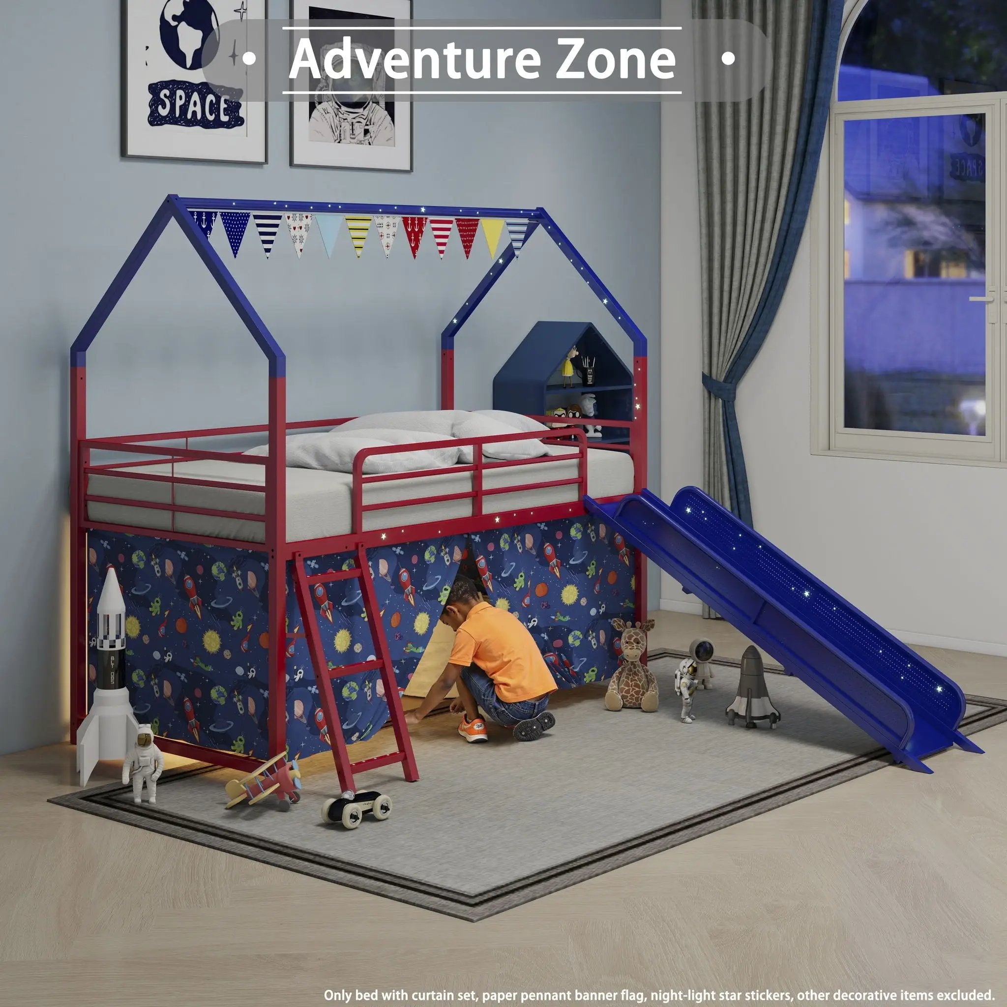 Jack - House Loft Bed With Slide And Curtain Set by HouseOfZazla