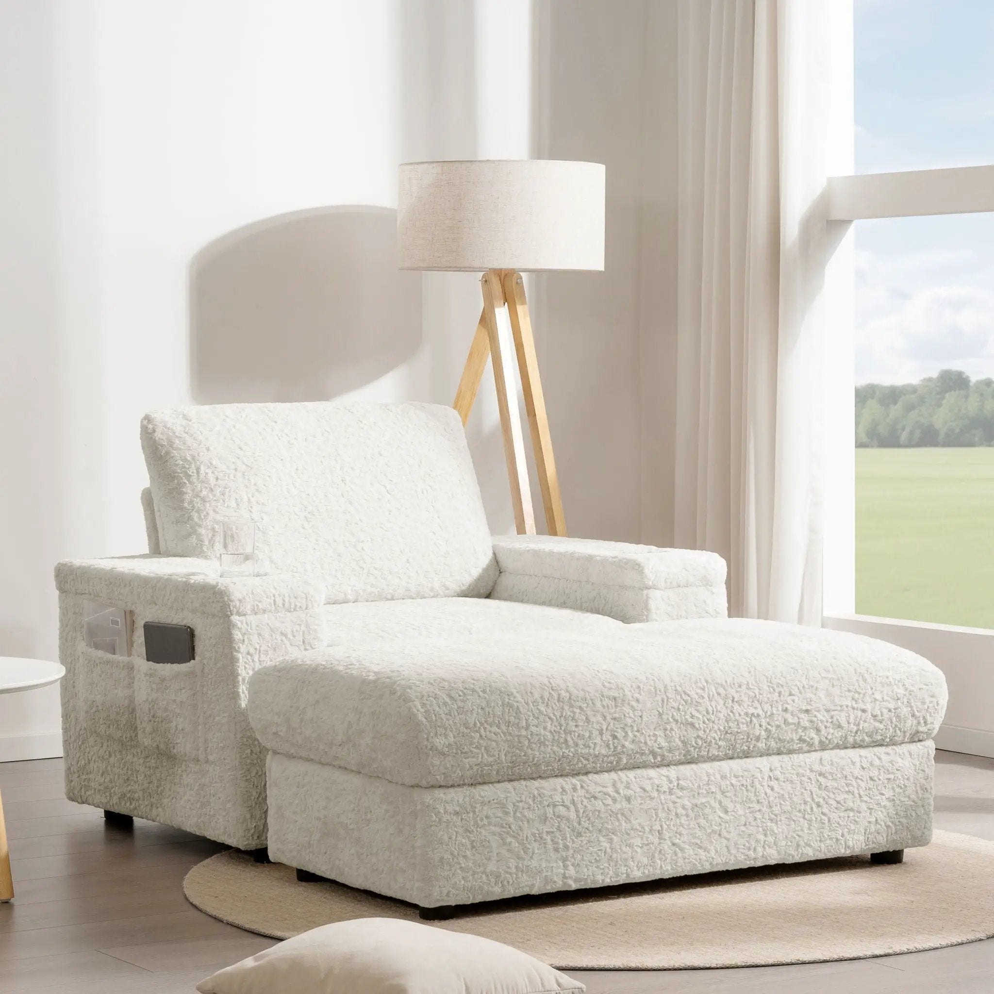 Oversized Chaise Lounge Indoor Rabbit Fur Sofa Bed With Storage Ottoman And Armrests Cup Holders With Deep Seat by Unique Piece Furniture