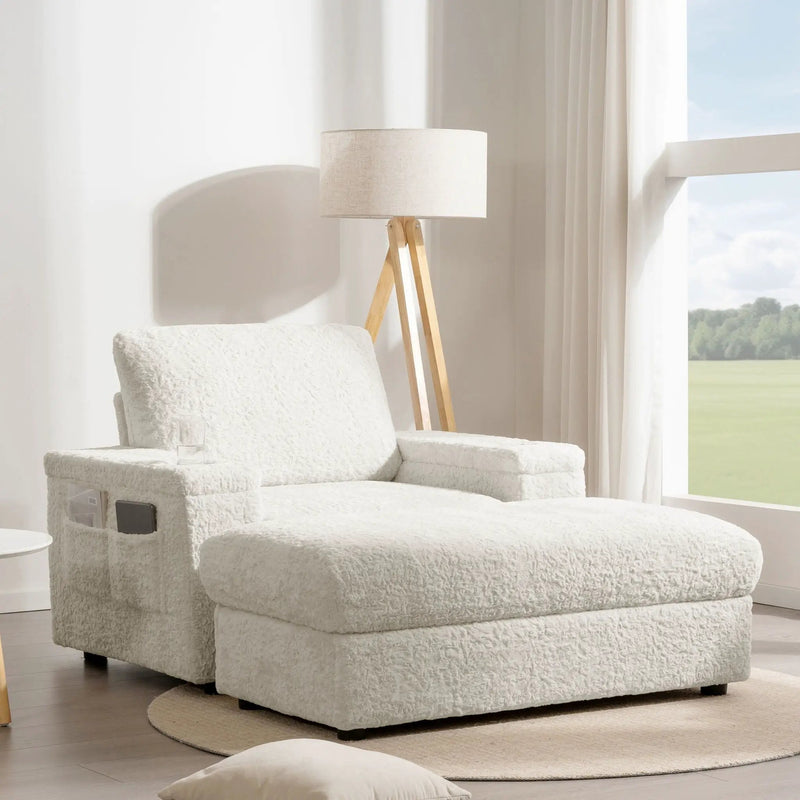Oversized Chaise Lounge Indoor Rabbit Fur Sofa Bed With Storage Ottoman And Armrests Cup Holders With Deep Seat by Unique Piece Furniture