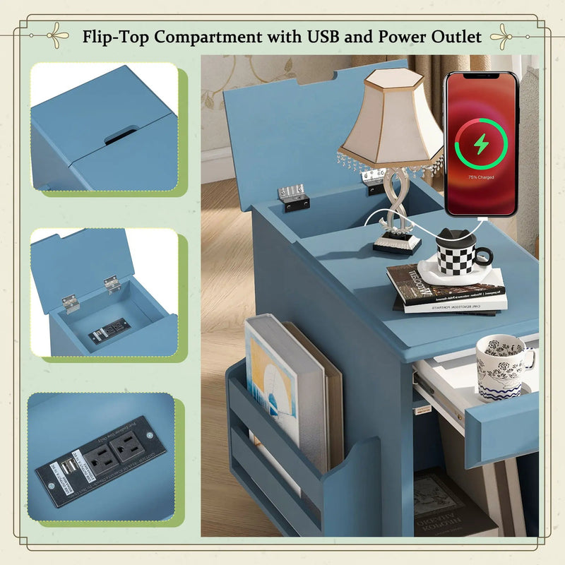 Vintage Flip Top Side Table With USB Ports by HouseOfZazla