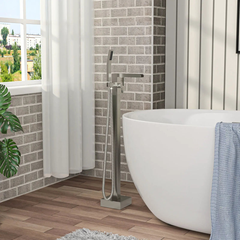 Freestanding Bathtub Faucet Waterfall Tub Filler Floor Mount Solid Brass With Hand Shower - Brushed Nickel by HouseOfZazla