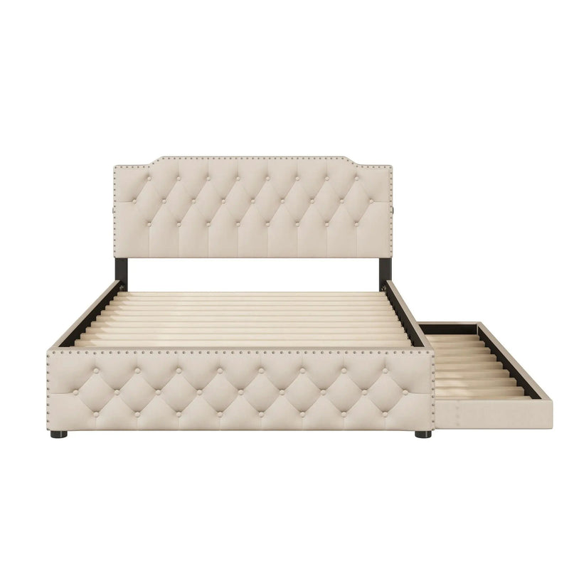 Upholstered Platform Bed With Trundle And 2 Sets Of USB Ports On Each Side, Fabric by HouseOfZazla