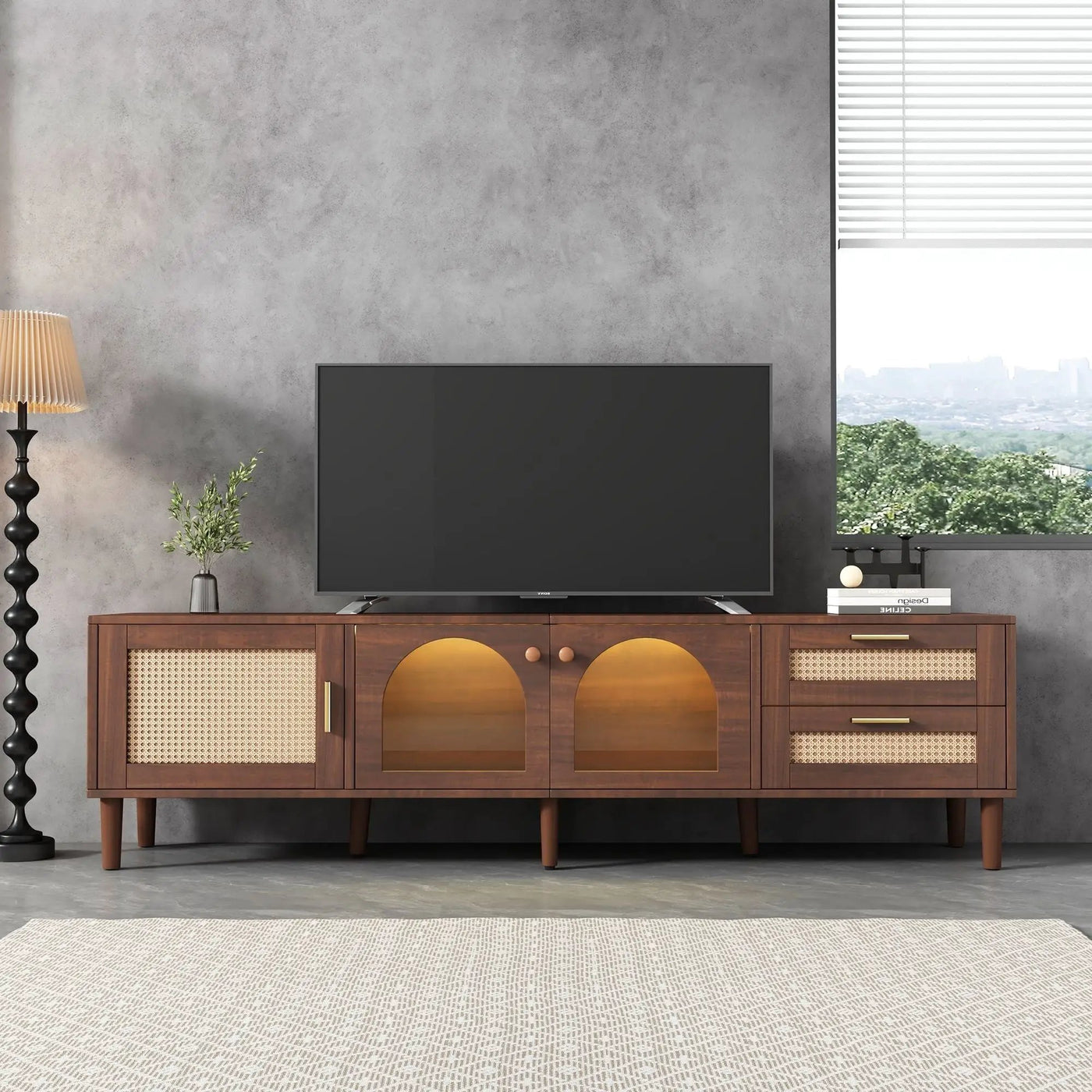 TV Stand With App-Controlled LED Lights, 2 Drawers & Door Storage by HouseOfZazla