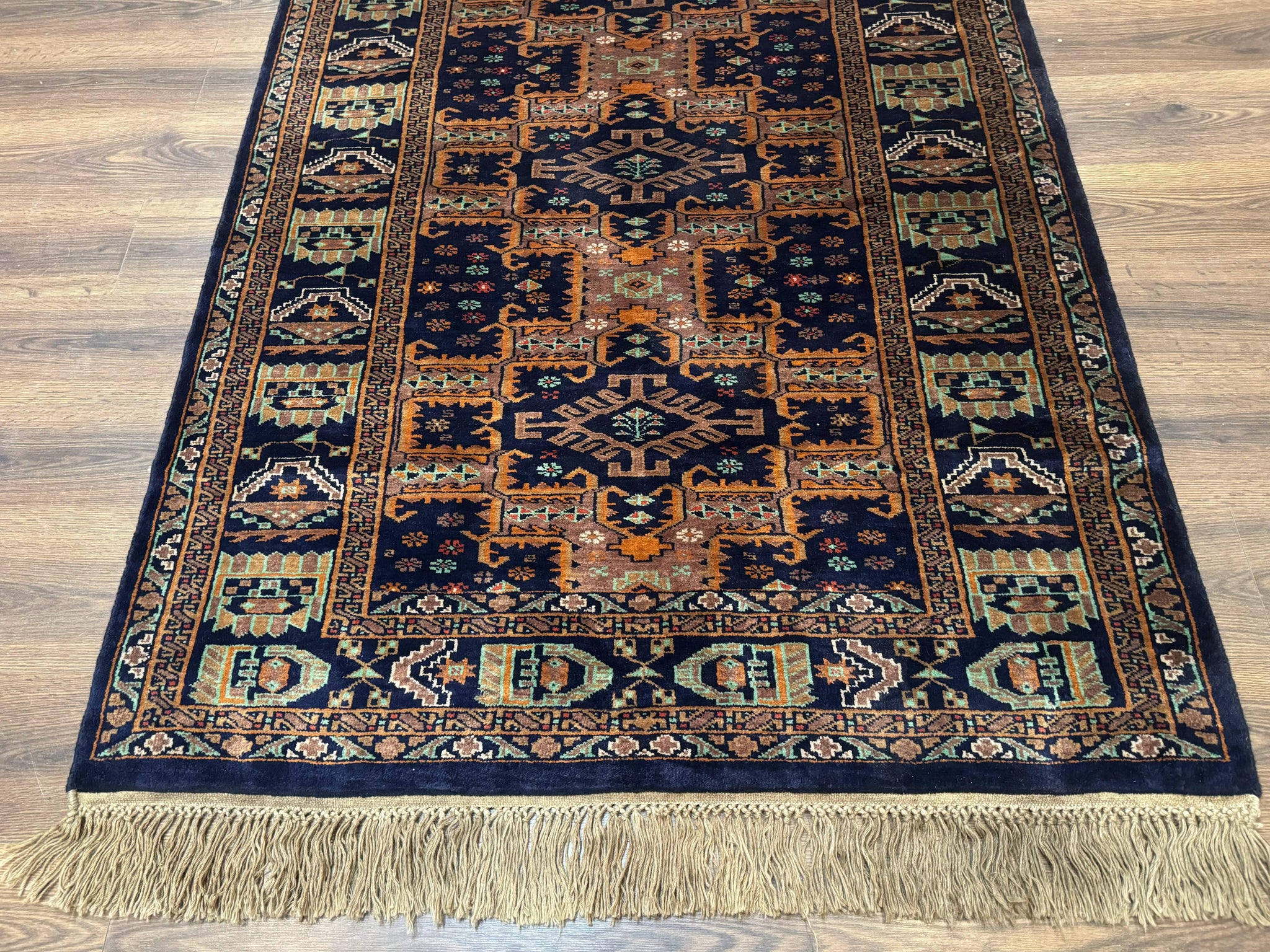 Vintage Afghan Rug 4x6, Navy Blue and Light Brown, Geometric Medallions, Wool on Wool, Tribal Rug by Jewel Rugs