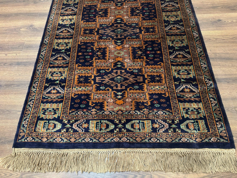 Vintage Afghan Rug 4x6, Navy Blue and Light Brown, Geometric Medallions, Wool on Wool, Tribal Rug by Jewel Rugs