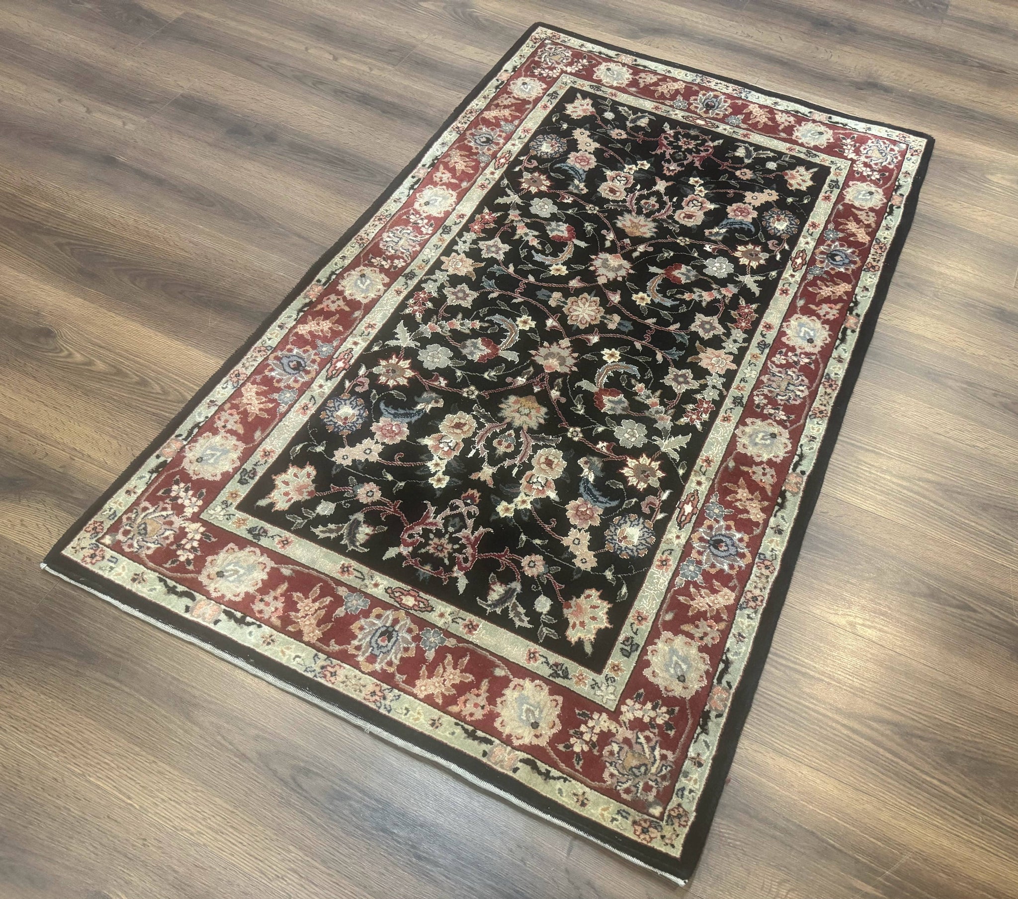 Black Sino Persian Rug 3x5, Wool with Silk Highlights, Floral, Fine 170 KPSI by Jewel Rugs